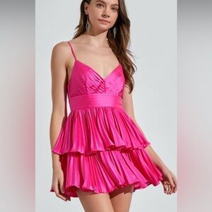 do+be Fuchsia Straps V-Neck
Multi-Layers Pleated
Homecoming  ROMPER  Dress